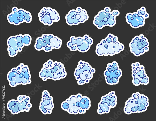 Foam made of soap or clouds. Sticker Bookmark. Bubbles of different shapes. Hand drawn style. Vector drawing. Collection of design elements.