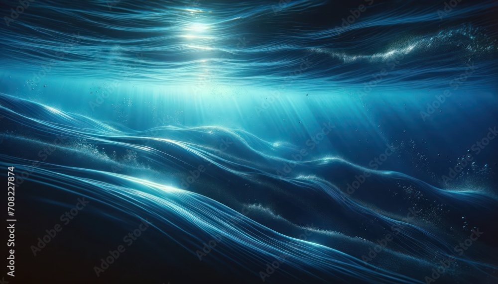 Underwater scene with light rays and wavesinside the ocean