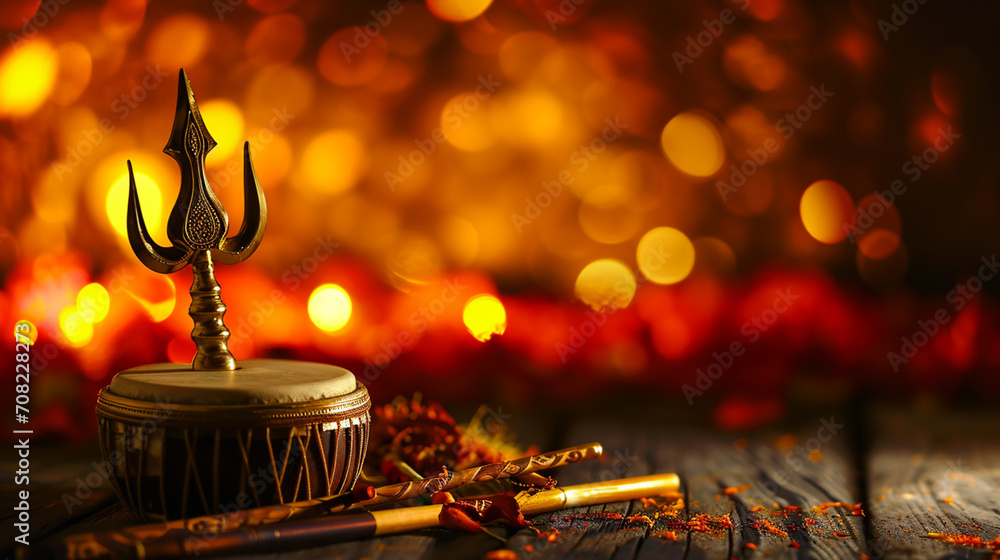 Shivaratri background with Shivas trident and Pellet Drum Damroo musical instrument. AI Generative - obrazy, fototapety, plakaty 