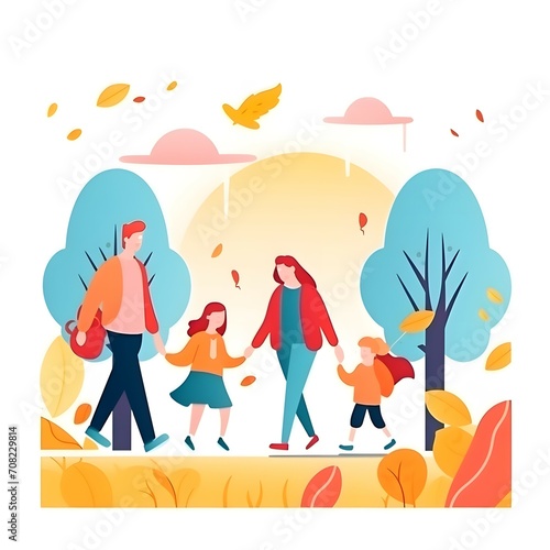 Happy Family Day Banner, Outdoor Walking with Kids,flat illustration ,bright,simple,white background,8K HD © ancaeta