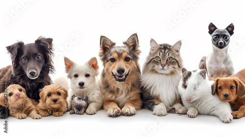 Cat, Dog, parrot, rabbit, and hamster, group of pet isolated white background. Generative AI © Witri