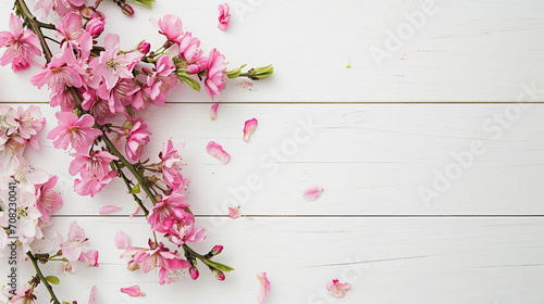 Spring flowers. Pink flowers on white wooden background. Top view, copy space. Generative AI