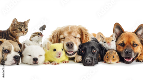 Cat  Dog  parrot  rabbit  and hamster  group of pet isolated white background. Generative AI