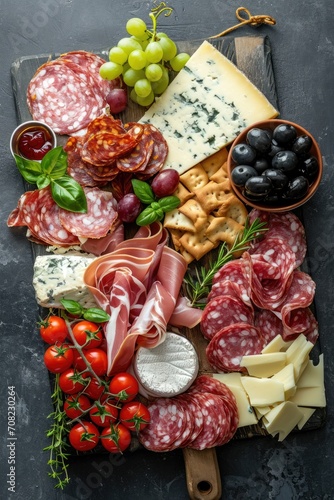 Top view of a charcuterie and cheese platter with assorted ingredients such as meat, cheese, grapes, and nuts
