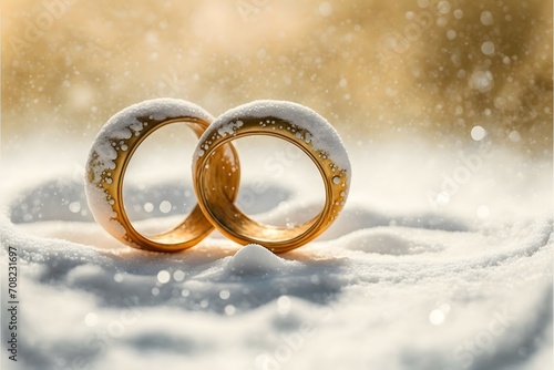 two simple golden rings in the snow, on snowy background. Valentines day and wedding day card design, copy space