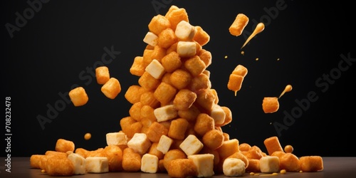 A visually striking image showcasing a playful arrangement of cheese puffs arranged in a fun, towering structure, ready to be devoured by hungry snack enthusiasts. photo