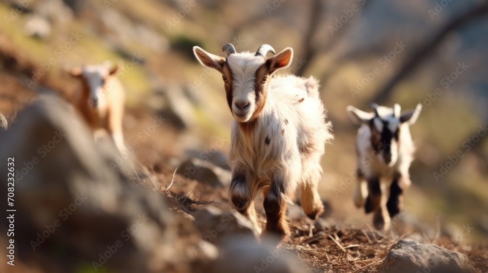 Naklejka premium The rocky hillside comes alive with the energetic movements of a group of goats, their nimble hooves expertly navigating the uneven surface as they explore their surroundings.