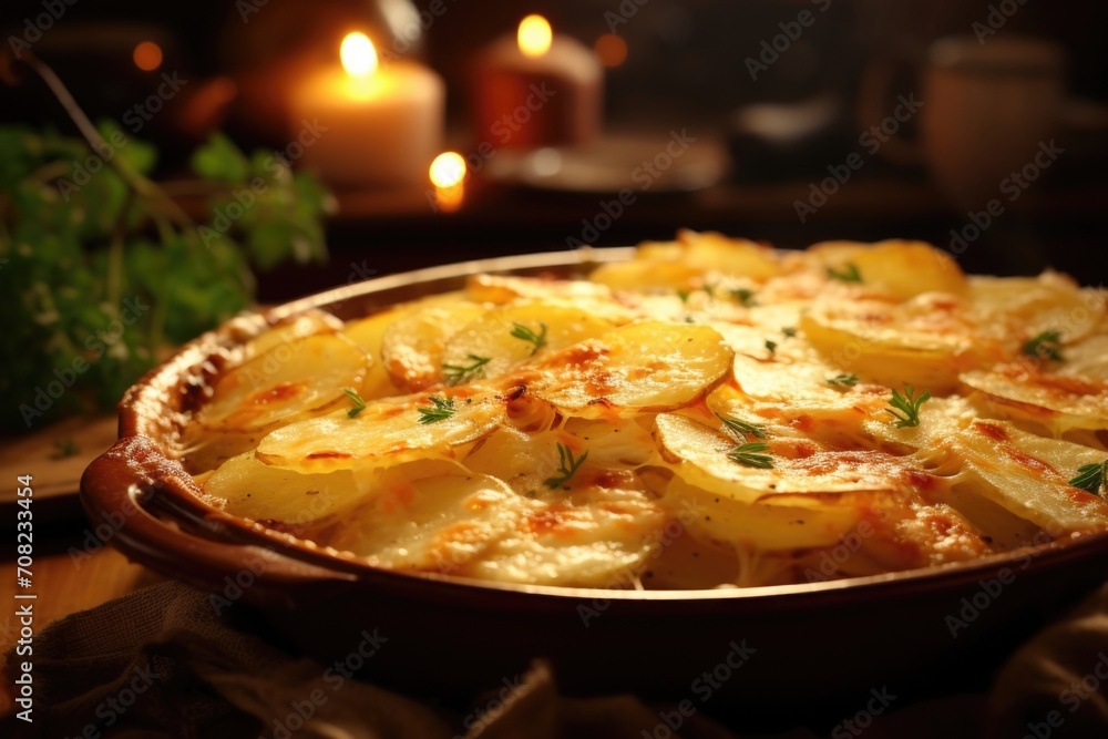 An artistic composition revealing a heavenly tray of scalloped potatoes fresh from the oven, the edges gently crisped, exuding a warm and inviting aroma, promising a delightful exploration An artistic composition revealing a heavenly tray of scalloped potatoes fresh from the oven, the edges gently crisped, exuding a warm and inviting aroma, promising a delightful exploration