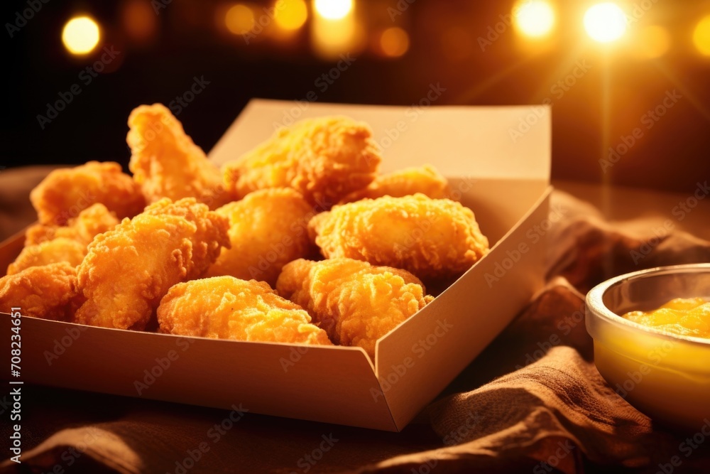 A sneak peek of an od box shows off an assortment of fried chicken pieces, coated with a golden batter that crackles and pops with a satisfying crunch. - obrazy, fototapety, plakaty 