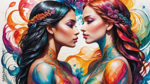 Abstract multicolor artwork in watercolor technique about love between two women. Contemporary surrealist painting. Modern poster for wall decoration
