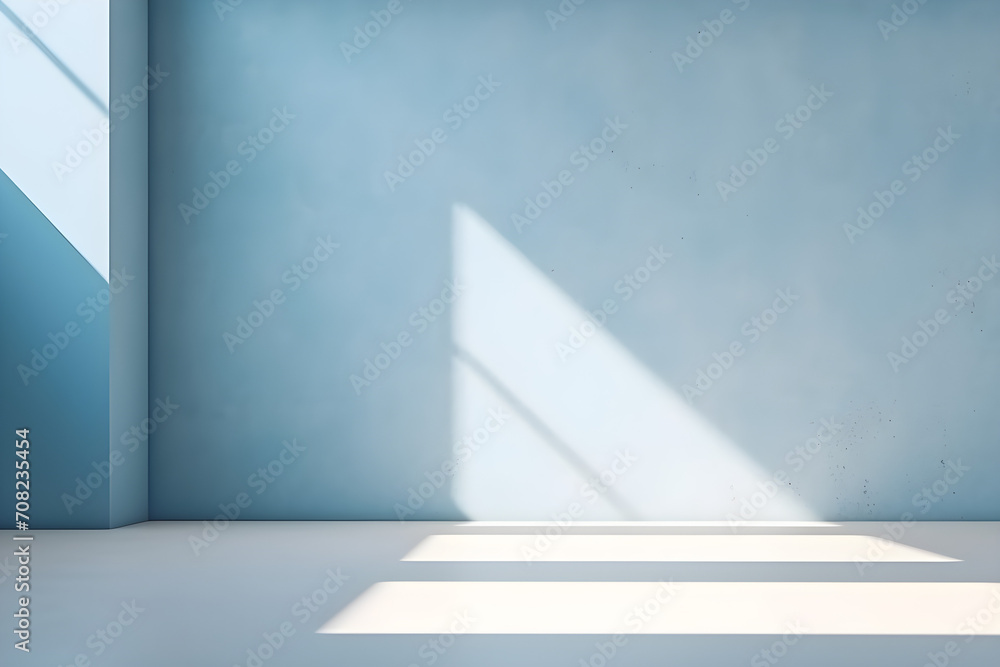 Minimal abstract light blue background for product presentation. Shadow and light from windows on plaster wall Minimal abstract light blue background for product presentation. Shadow and light from windows on plaster wall