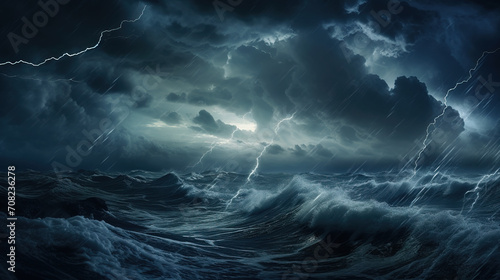 Dark stormy ocean and lightning strikes during rainfall. Moonlight glowing through turbulent clouds. Dramatic murky sea with high waves. Nature background.