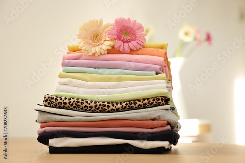 Stack of clean clothes and flowers on wooden table