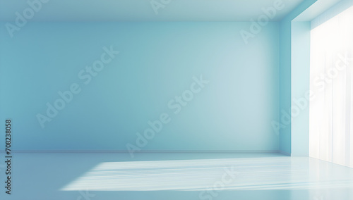 Minimal abstract light blue background for product presentation. Shadow and light from windows on plaster wall
