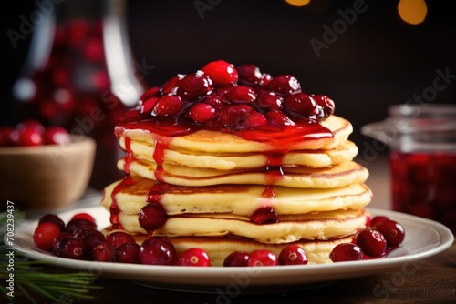 A fluffy stack of golden pancakes is adorned with a generous sful of cranberry relish, creating a playful twist on the classic breakfast. The relishs sweet and tart flavors bring a delightful