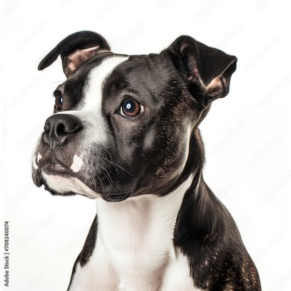 A Boston Terrier with expressive eyes on a white backdrop.