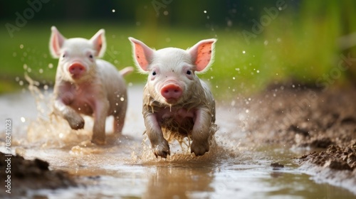 A trio of mischievous piglets playfully frolic in a mud puddle, enjoying the refreshing summer rain on the farm.