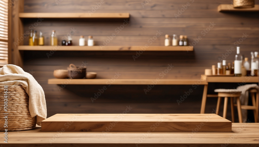 wooden podium for product presentation with blurry laundry room background. backdrop with copy space wooden podium for product presentation with blurry laundry room background. backdrop with copy space