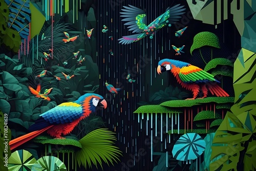 an intricate and detailed geometric quantum algorithmic design of parrots and other tropical animals in a lush jungle with light rain and waterfalls by Donald Judd using algorithmic geometry and doyl photo