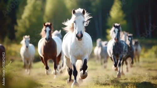 Majestic creatures running wild and free  their hooves thundering against the open skies above the serene horse farm.