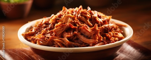 An appetizing closeup of crispy adobo flakes, displaying intensely flad shredded pork or chicken crisped to perfection, delivering a satisfying crunch. photo