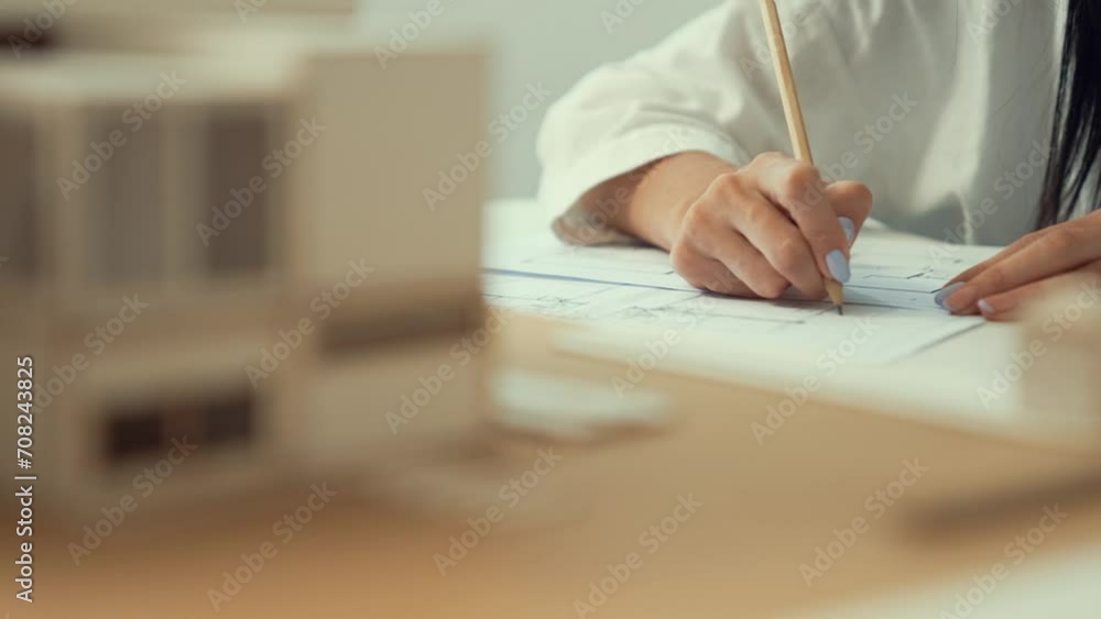 Close up of skilled young beautiful architect engineer hand writing ...