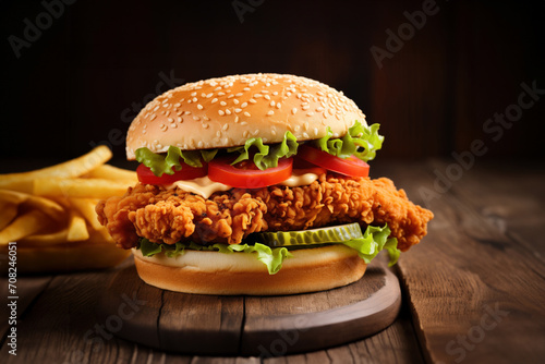 delicious chicken burger on a dark wood background