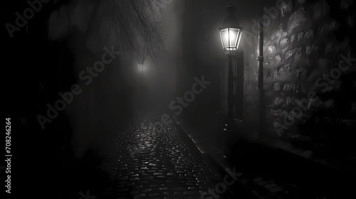 A lone streetlamp in a misty alley