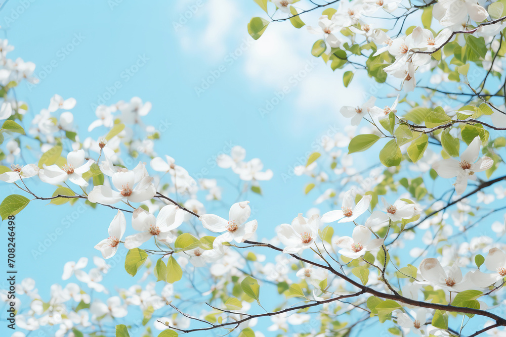 Fototapeta premium Dogwood tree branches blooming, closeup. Spring season