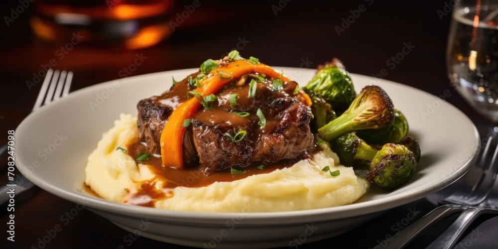 The perfect winter indulgence, a red winebraised lamb shank is nestled atop a mound of creamy mashed sweet potatoes, accompanied by roasted Brussels sprouts and finished with a sprinkle The perfect winter indulgence, a red winebraised lamb shank is nestled atop a mound of creamy mashed sweet potatoes, accompanied by roasted Brussels sprouts and finished with a sprinkle