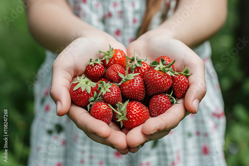 Little girl hands full of of fresh ripe strawberries, closeup