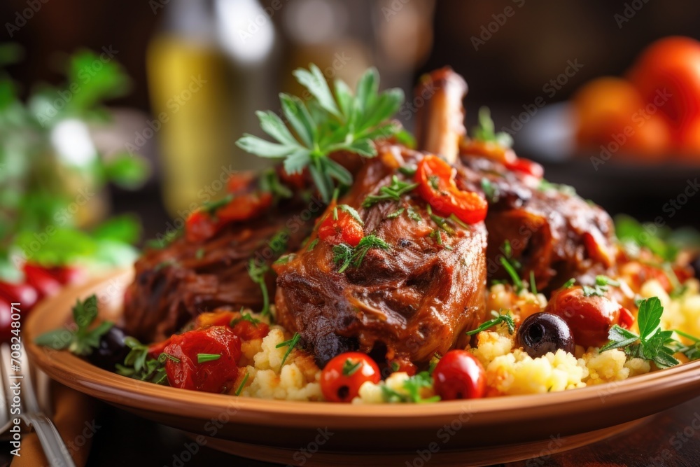 A culinary delight from the Mediterranean, a delicate herbmarinated lamb shank is accompanied by a bed of fluffy couscous studded with plump Mediterranean olives, roasted tomatoes, and fresh