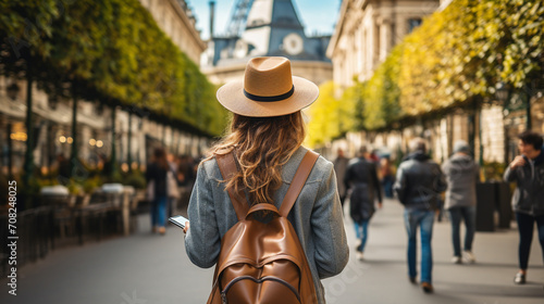 Young woman in hat with backpack walking in Paris, France. Back view