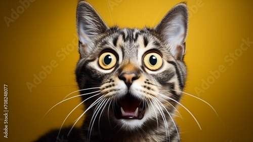 Close-up portrait of a tabby cat with open mouth on yellow background photo