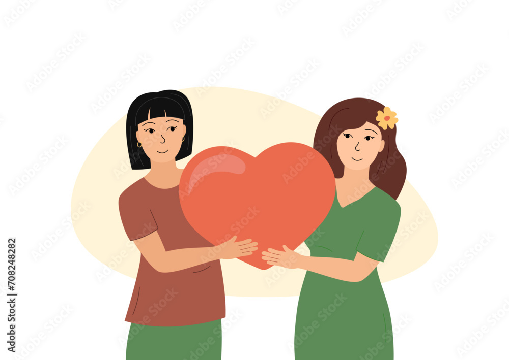 Female couple in love. Lesbian family. Smiling women holding big heart together. Two girlfriends LGBT concept flat vector. Valentines day celebration romantic illustration Female couple in love. Lesbian family. Smiling women holding big heart together. Two girlfriends LGBT concept flat vector. Valentines day celebration romantic illustration