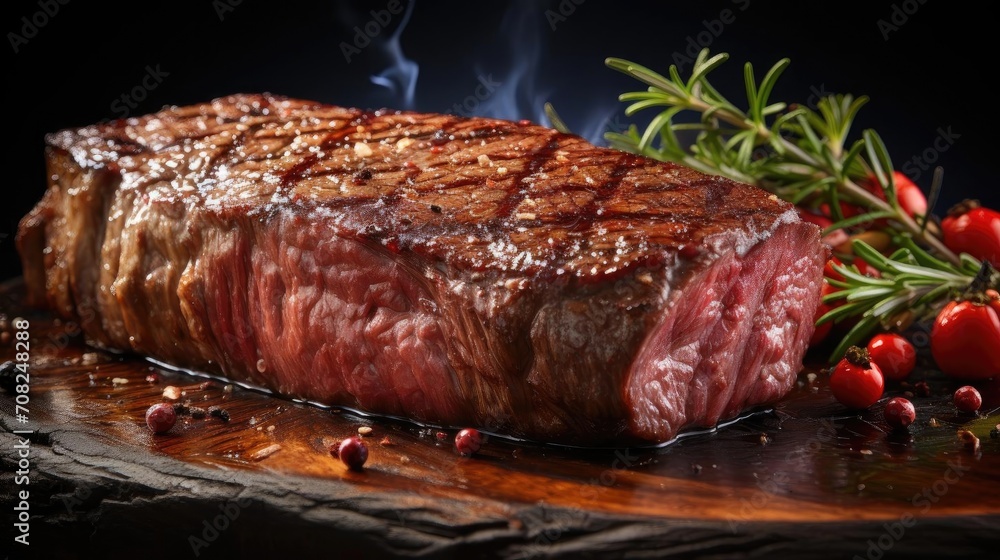 Grilled steak with melted barbeque sauce on a black and blurry background Grilled steak with melted barbeque sauce on a black and blurry background