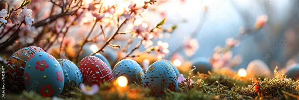 Easter banner with decorated eggs against blooming background