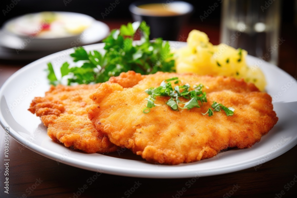 The golden hue of the Chicken Schnitzel evokes a sense of comfort and warmth, promising a delicious meal that is both visually appetizing and palatably satisfying. The golden hue of the Chicken Schnitzel evokes a sense of comfort and warmth, promising a delicious meal that is both visually appetizing and palatably satisfying.