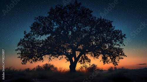 A silhouette of a solitary tree against a twilight sky