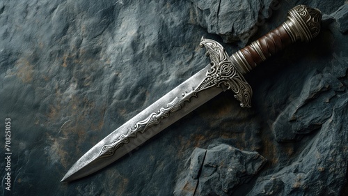 Decorative knife with an ornate blade and handle on a stone background photo