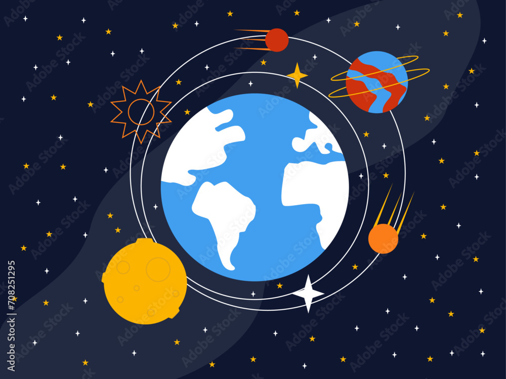 Naklejka premium Universe with planets. Outer space and astronaut vector illustrations.