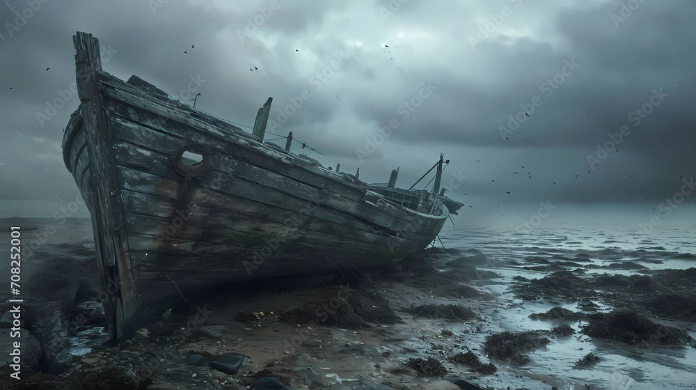 A spectral shipwreck stranded on a desolate shore
