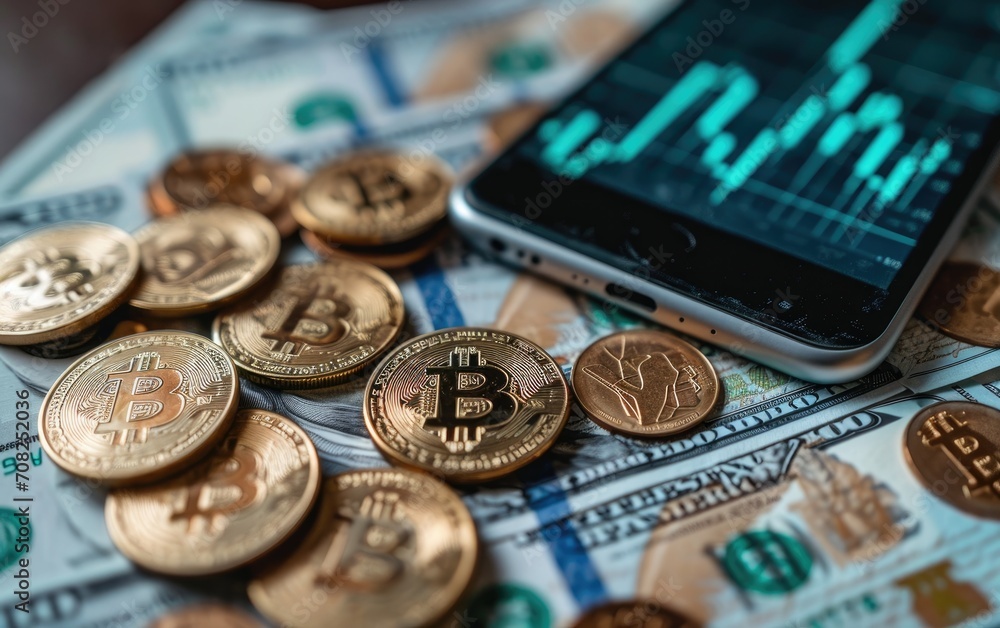 Gold bitcoin cryptocurrency coins and US dollar with mobile phone. Concept of blockchain and digital money stocks Gold bitcoin cryptocurrency coins and US dollar with mobile phone. Concept of blockchain and digital money stocks
