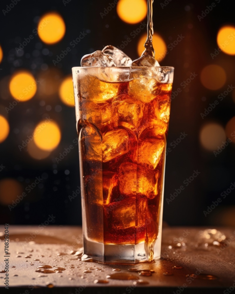 Zoomedin shot capturing the delicate caramel hue of cola as it gracefully fills the frame, invoking a sense of warm comfort and familiarity.