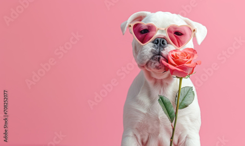 bulldog puppy with rose for love concept photo