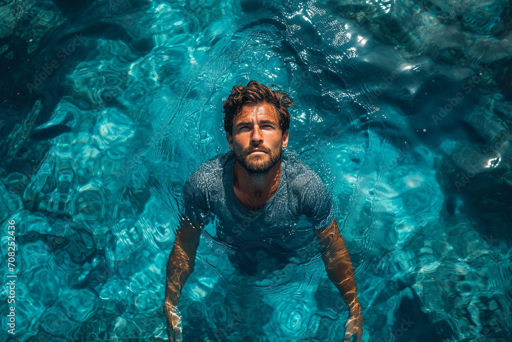 A contemplative man standing in deep cobalt waters, the rich blue tones seamlessly blending with the clear sky, creating an immersive and soothing scene.