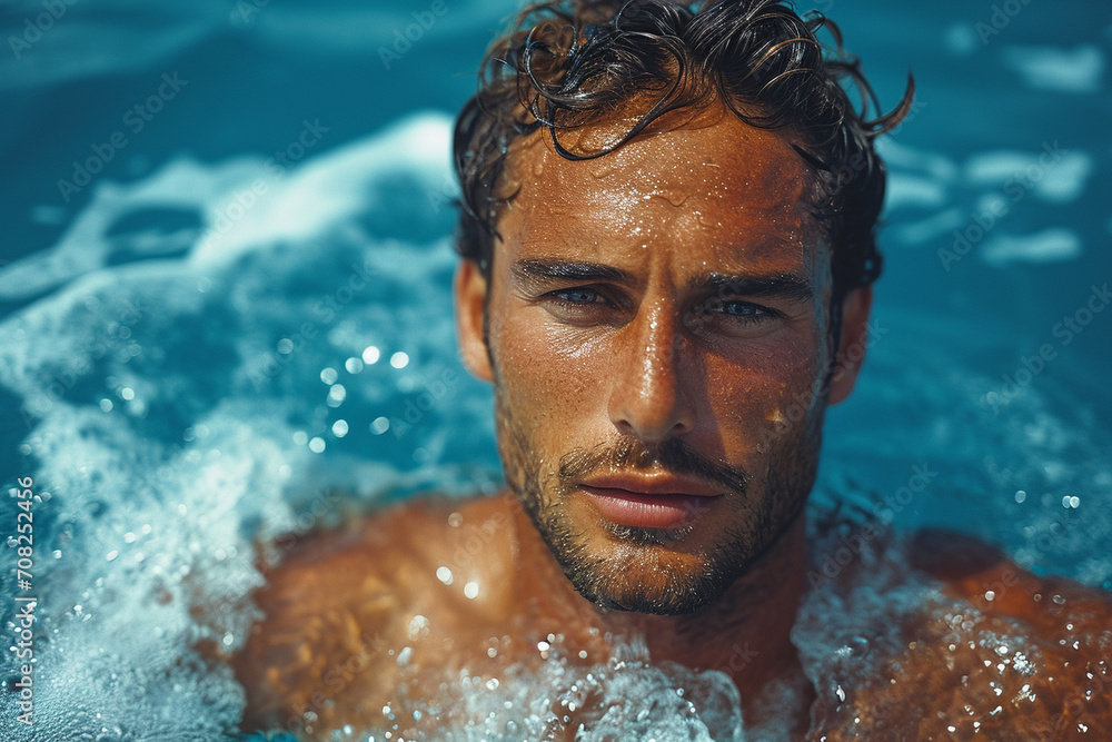 A bold man in waist-deep royal blue waters, the intense color mirroring the deep ocean, creating a striking contrast against the clear and sunny backdrop. A bold man in waist-deep royal blue waters, the intense color mirroring the deep ocean, creating a striking contrast against the clear and sunny backdrop.