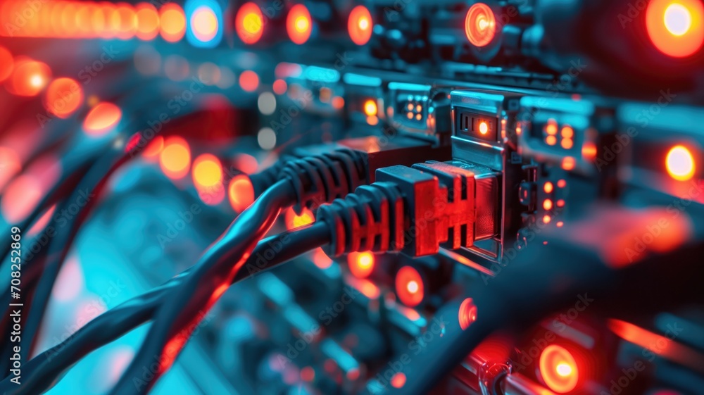 Fototapeta premium Network cables connected to servers with vibrant blue and red lights