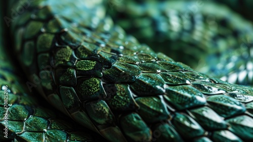 Macro shot of green reptile scales with water droplets
