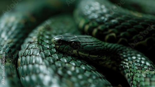 Close-up of green snake scales with a focus on the head
